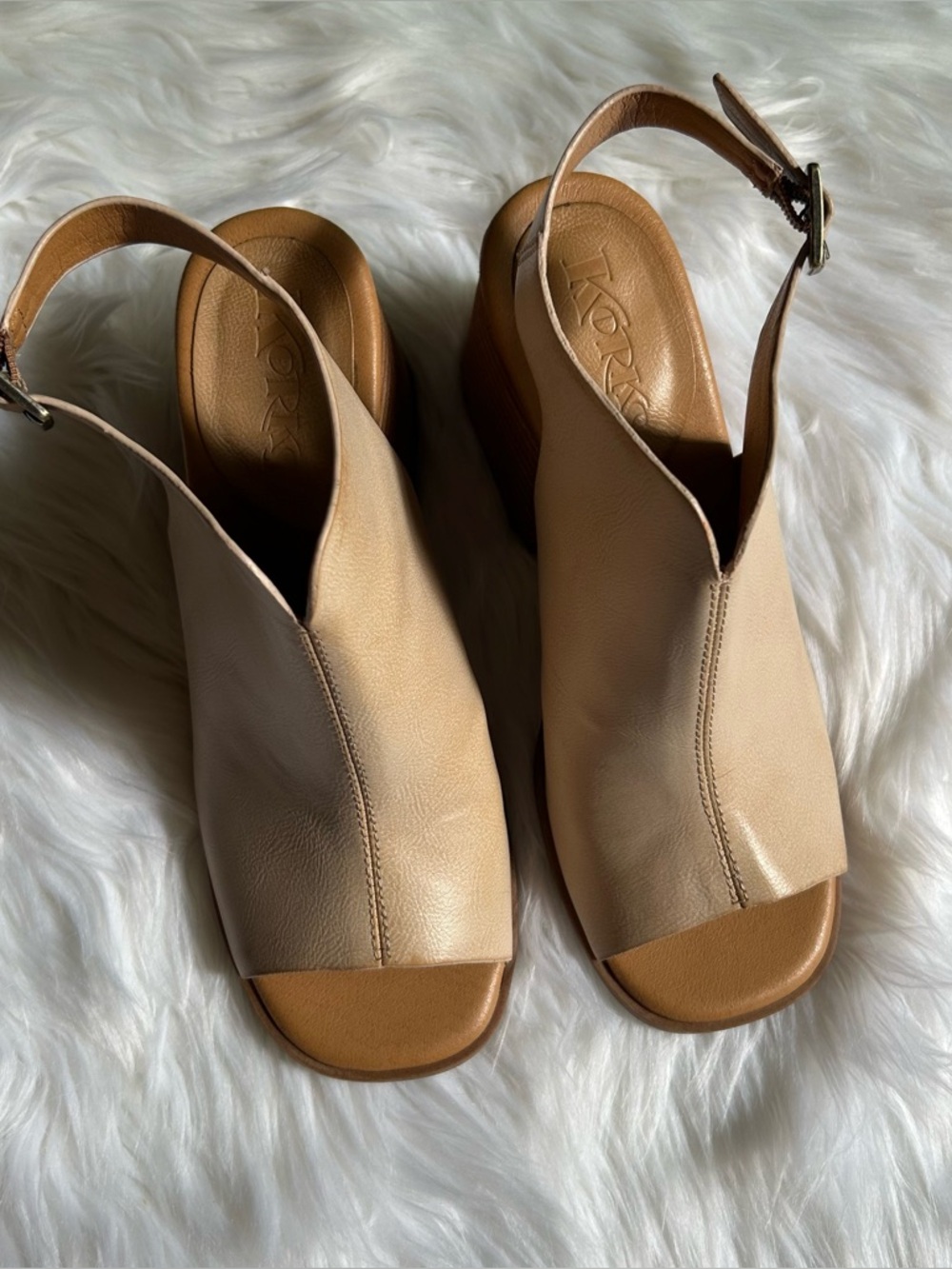 KORKS Beige/Tan Leather Open-Toe Slingback Wedge Sandals